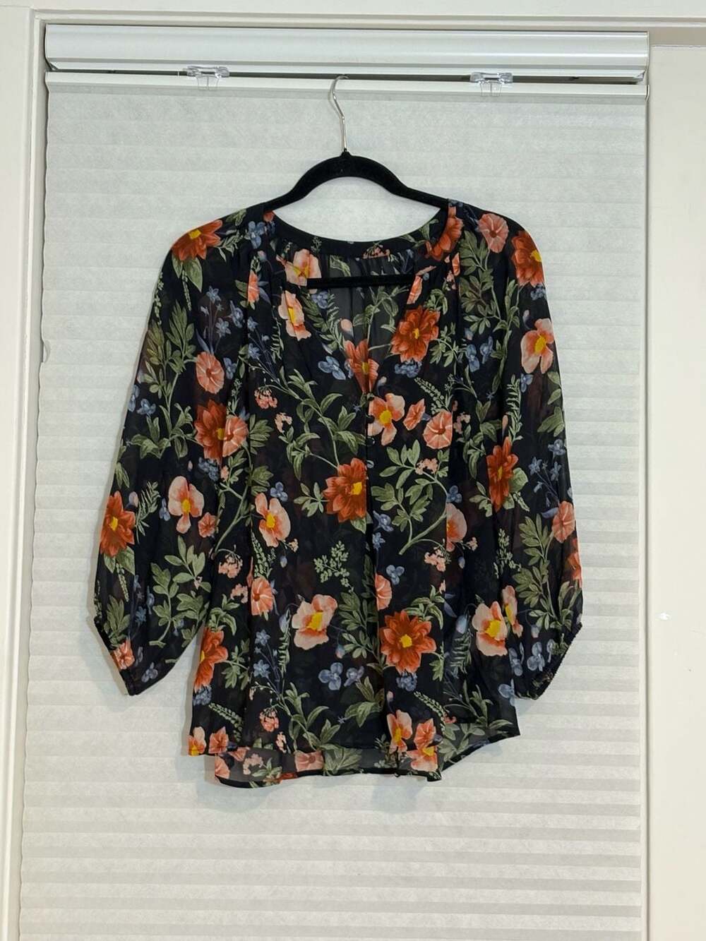 Joie Floral Silk Blouse Black Botanical Long Sleeve Sz L